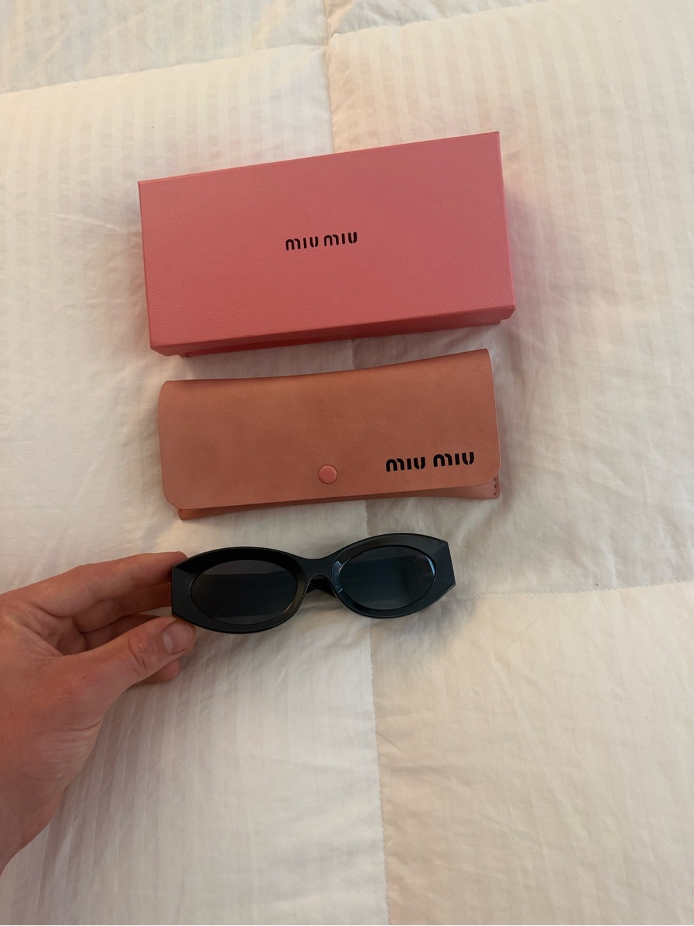 Miu Miu Black Oval Sunglasses with Pink Branded Case and Box